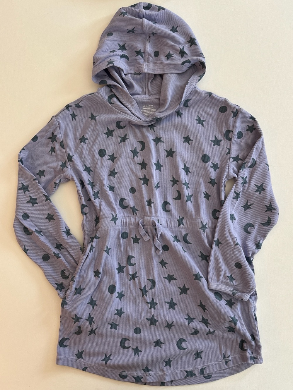 Hanna Andersson Girls Long-Sleeved Purple Ribbed Hoodie Tunic Dress Navy Stars
